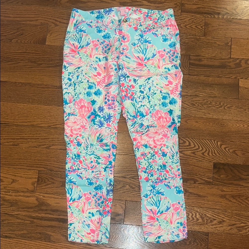 Lilly Pulitzer Skinny Blue and Pink Pants Tropical Floral